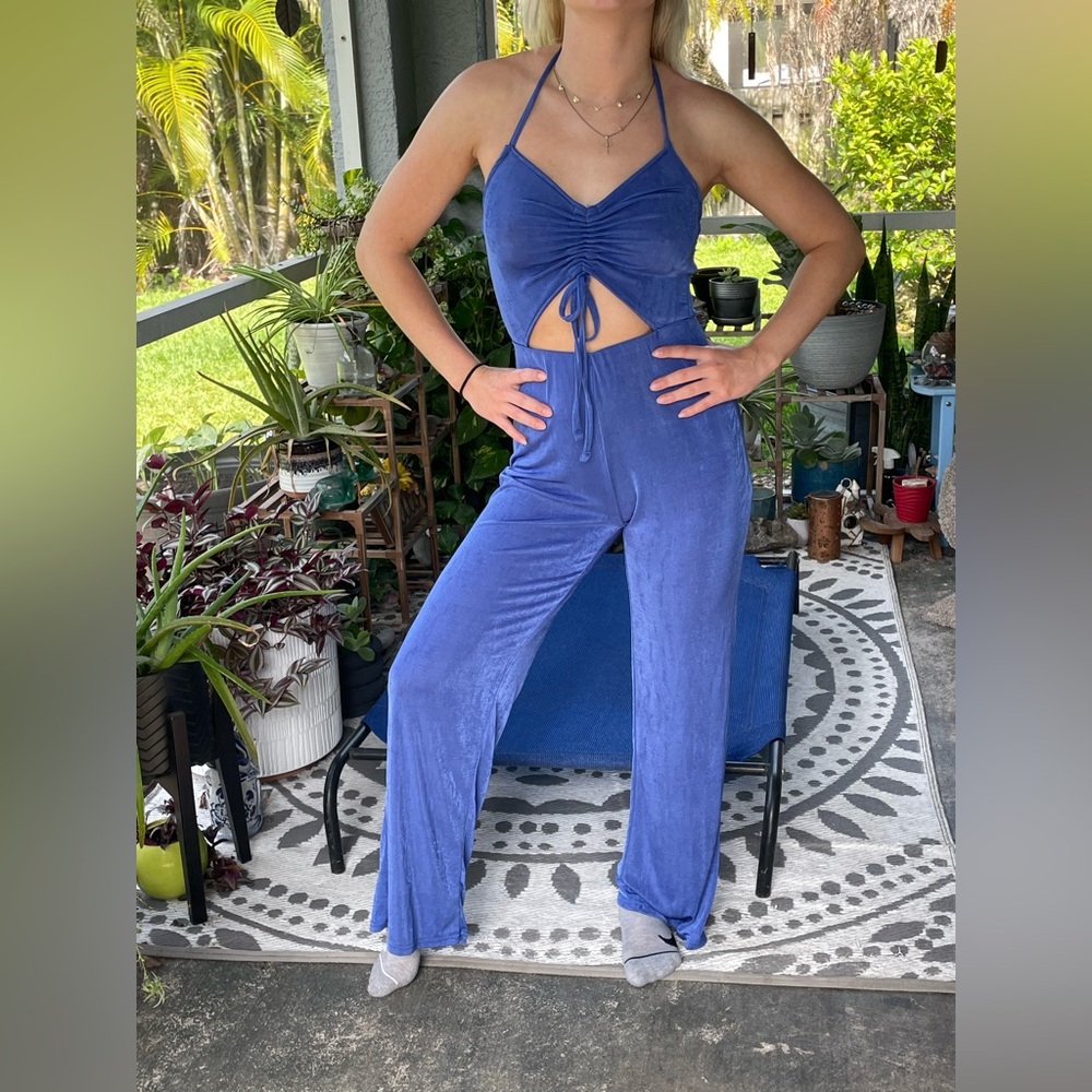Blue shimmery Backless Halter Jumpsuit for Night Out